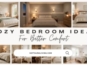 Cozy bedroom ideas featuring warm neutral bedding, soft lighting, layered textures, and comfortable bedroom decor.