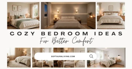 Cozy bedroom ideas featuring warm neutral bedding, soft lighting, layered textures, and comfortable bedroom decor.