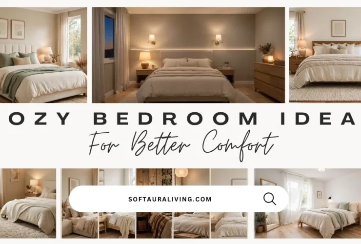 Cozy bedroom ideas featuring warm neutral bedding, soft lighting, layered textures, and comfortable bedroom decor.