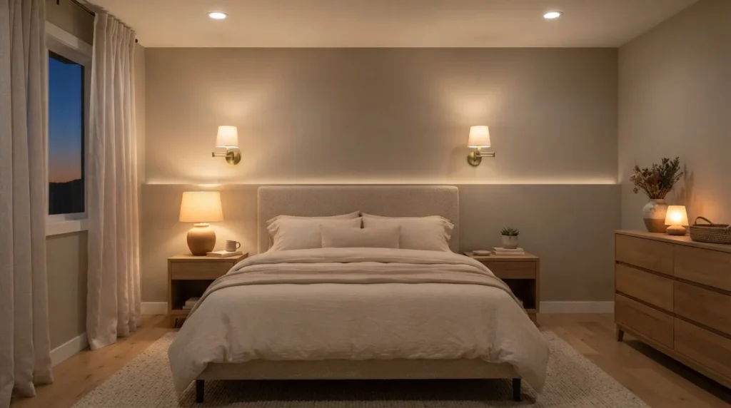 Cozy bedroom with warm layered lighting and bedside lamps
