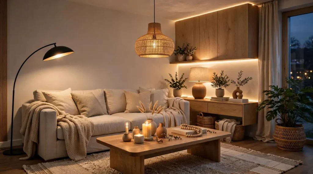 Cozy living room lighting with floor lamp, table lamp, candles, and warm LED lights