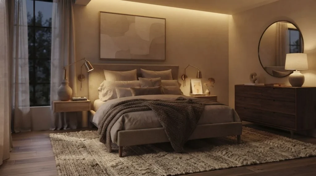 Cozy modern bedroom with layered textures, warm lighting, and neutral bedding