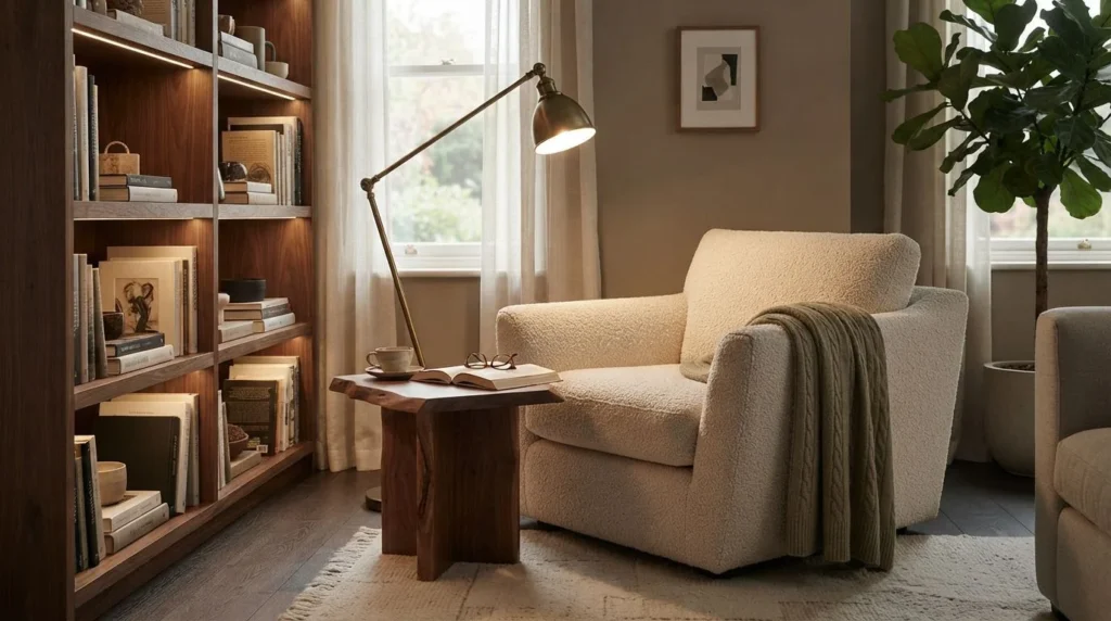 cozy living room reading nook lighting