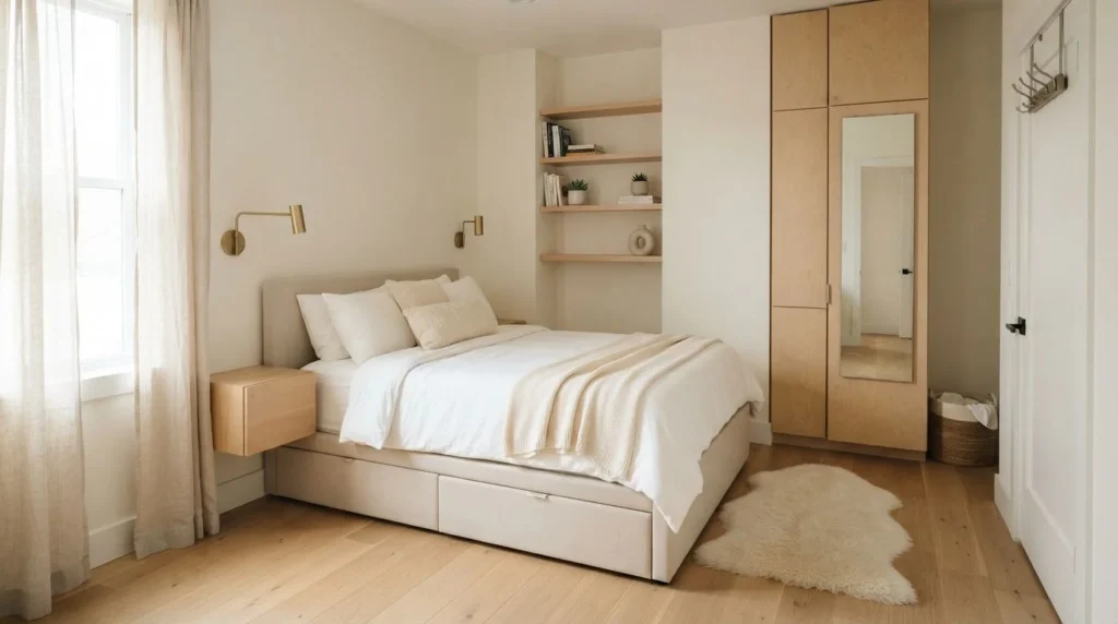 Small cozy bedroom with storage bed and space-saving furniture