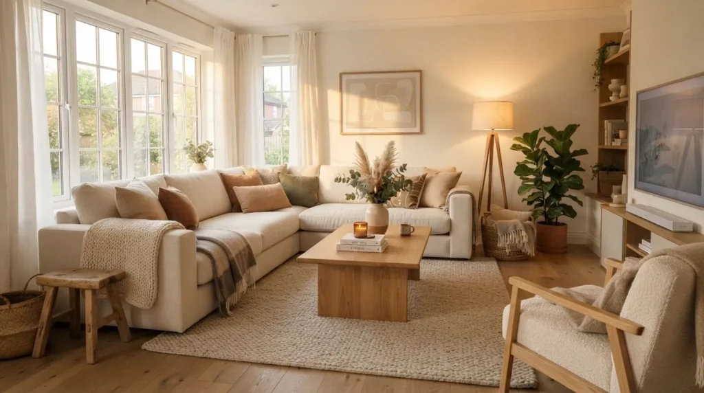 Cozy living room ideas with warm lighting, soft textures, and comfortable furniture