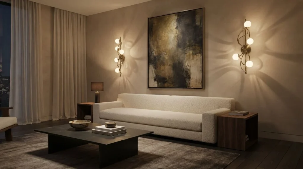 Elegant living room with wall sconces illuminating abstract artwork above a cream sofa