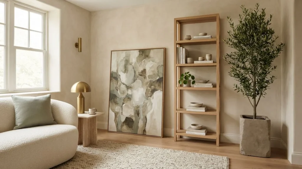 Small living room corner with tall artwork, floating shelf, plant, and narrow console
