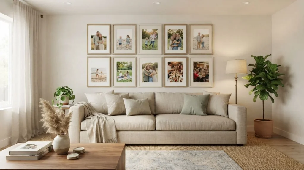 Warm living room with a curated family photo wall above a neutral sofa
