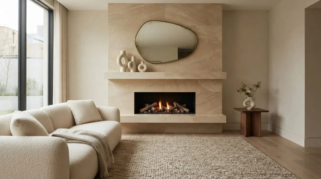 Luxury living room with a limestone fireplace wall and oversized organic mirror