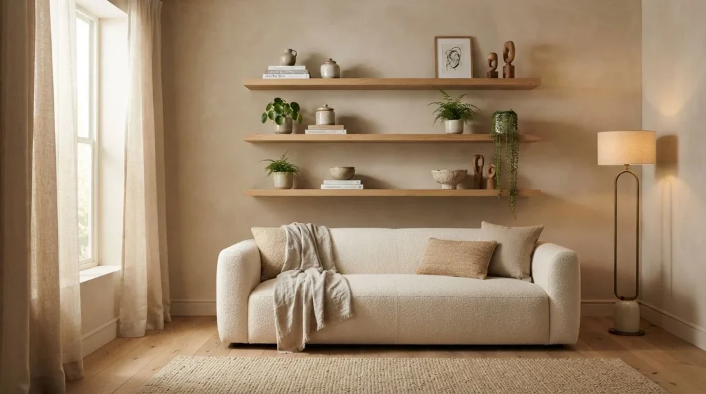Modern living room with styled oak floating shelves displaying books, plants, and ceramics