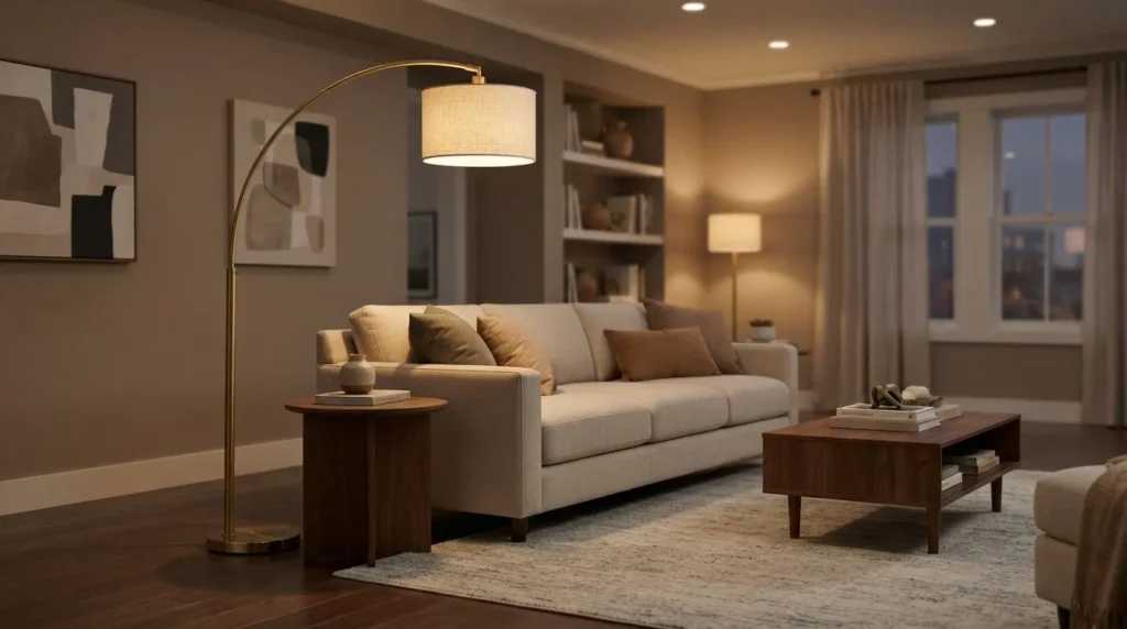 modern floor lamp positioned beside a living room sofa