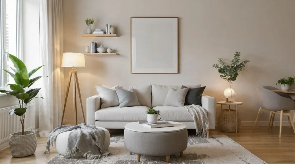 Small living room furniture arrangement maximizing space in an American apartment.