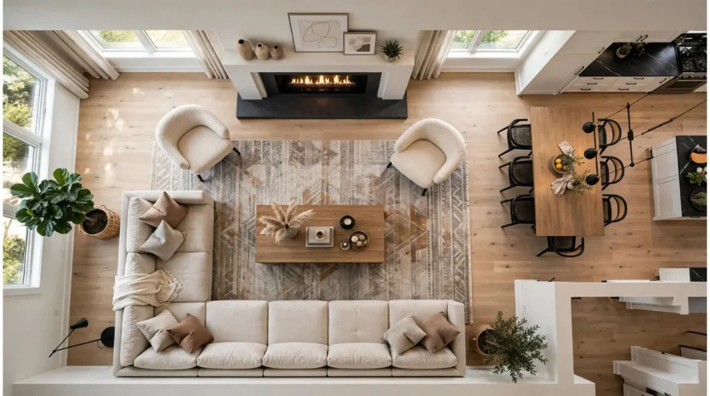 Professional living room furniture layout with balanced seating and open traffic flow.