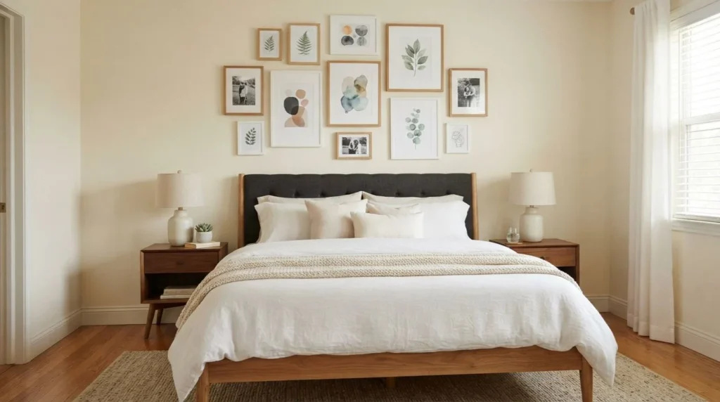 Bedroom gallery wall above a queen bed
