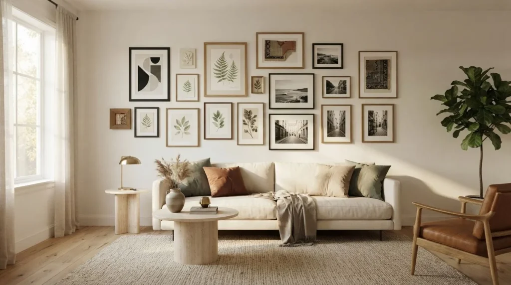 Contemporary living room with an asymmetrical gallery wall above a cream sofa