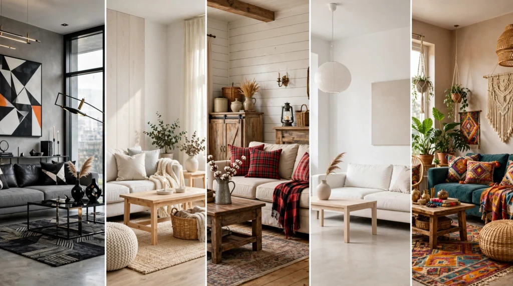 Modern, Scandinavian, Farmhouse, Minimalist, and Bohemian interior design styles displayed side by side.
