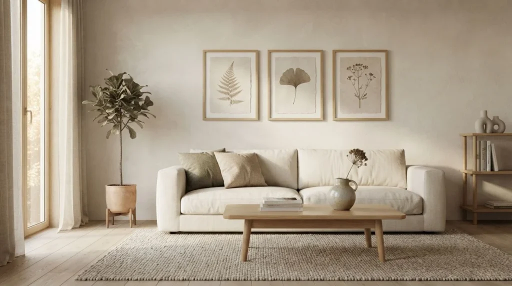 Scandinavian Japandi living room with neutral artwork, natural oak, and simple decor