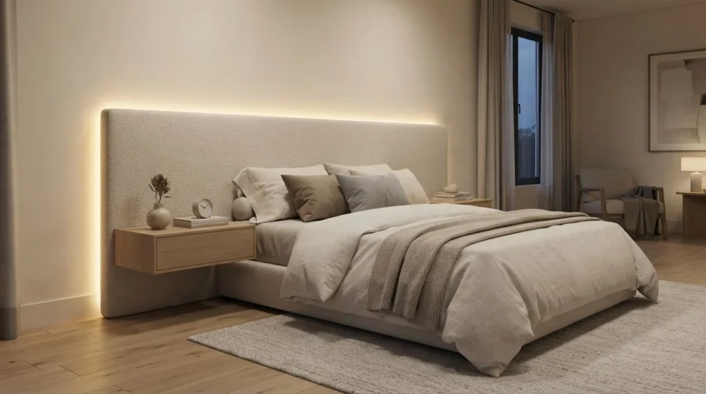 Warm LED strip lighting creating an indirect glow behind a bedroom headboard