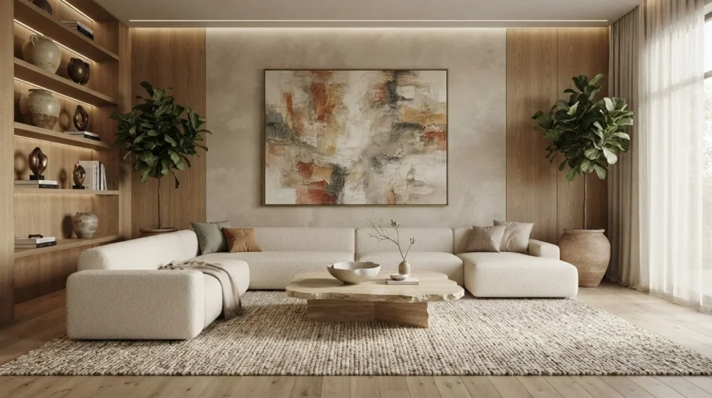 Spacious living room with oversized artwork, oak wall panels, shelving, and large-scale decor