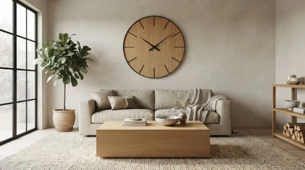 Modern farmhouse living room with an oversized wooden wall clock