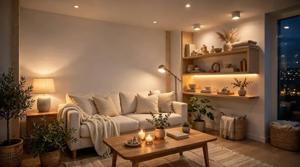 Layered lighting design creating warmth and depth in a small living room.