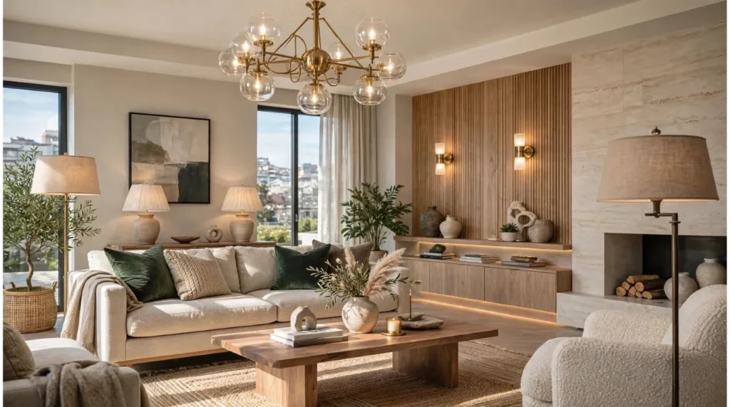 Layered lighting in a modern living room with chandeliers, floor lamps, and accent lighting.