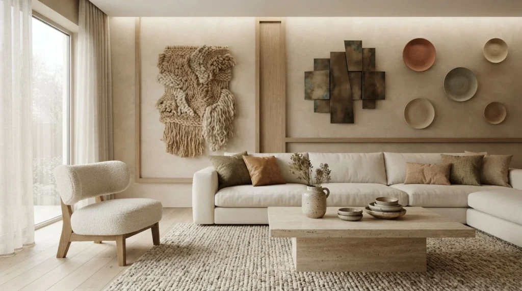 Layer Different Textures
Combine wood, metal, woven materials, textiles, ceramics, and framed art to create depth. Layered textures can make neutral living rooms feel warmer and more inviting.