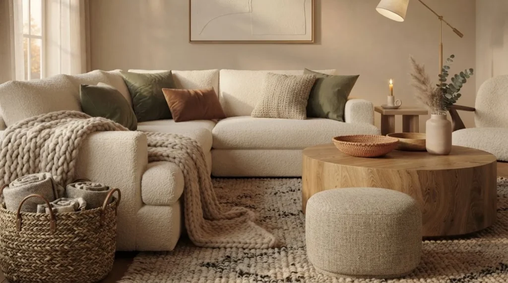 Layered textures with knit blankets, velvet cushions, wool rug, and linen curtains