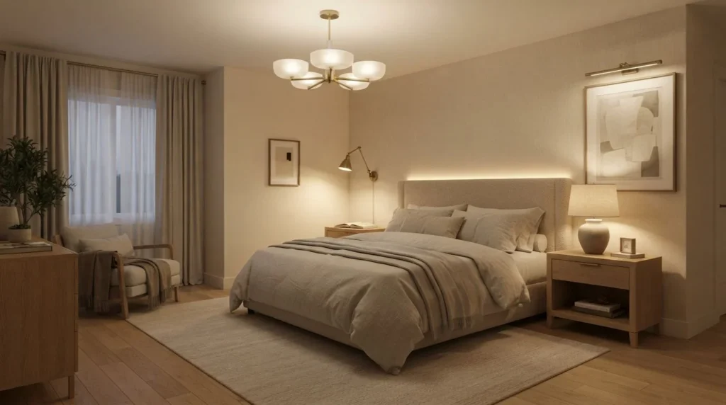 Bedroom showing ambient, task, and accent lighting layers