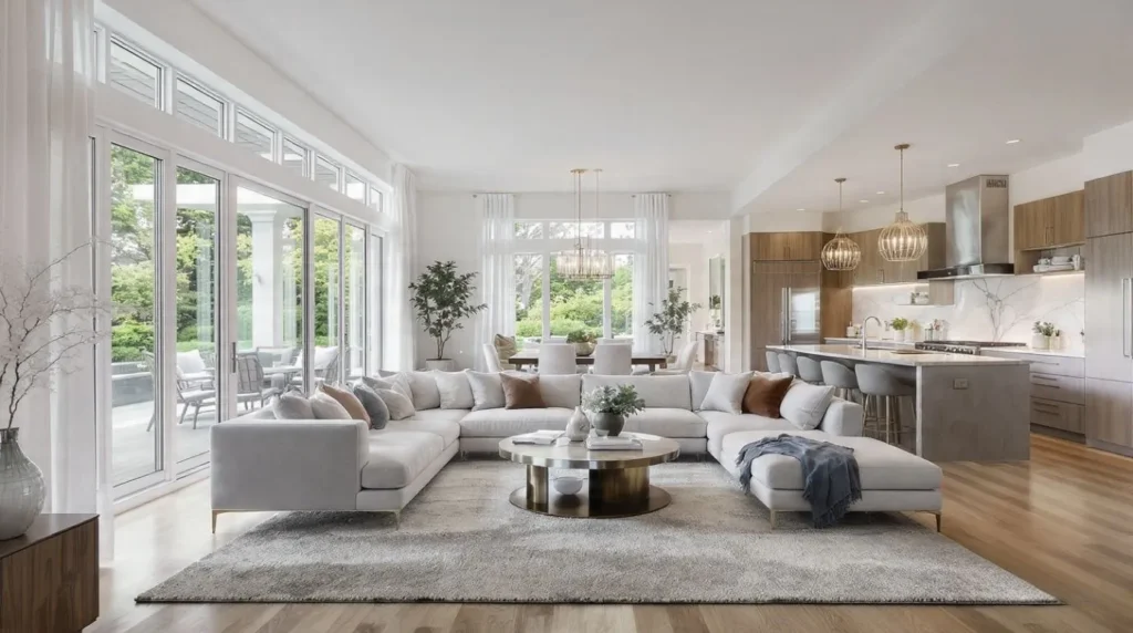 Open-concept American living room with clearly defined furniture zones.