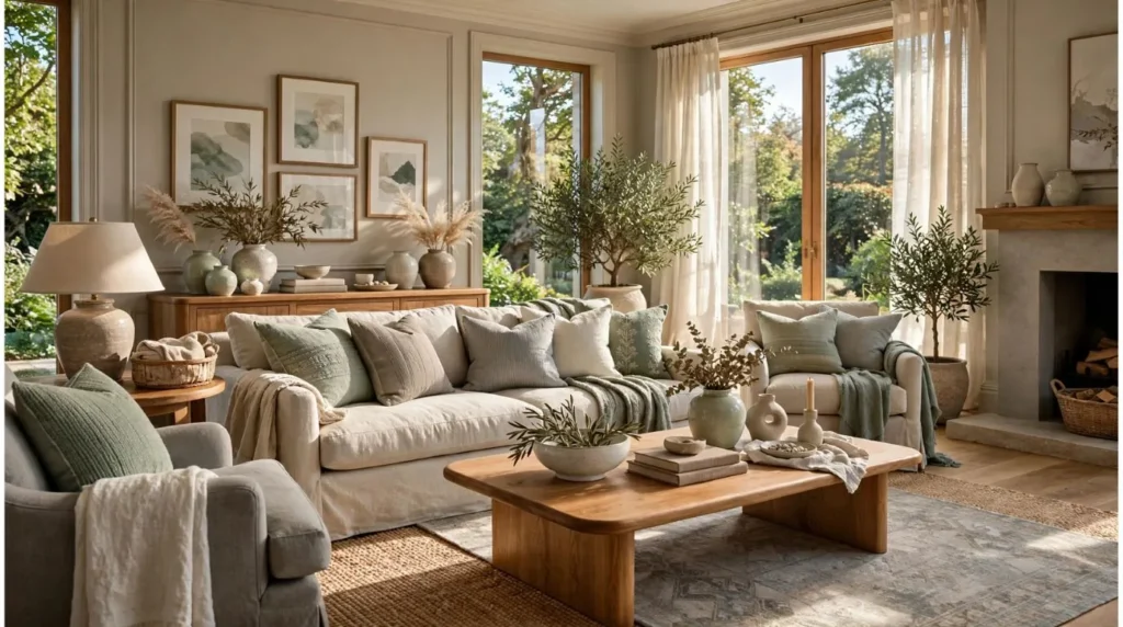 Neutral living room color palette with beige, gray, sage green, and warm wood accents.