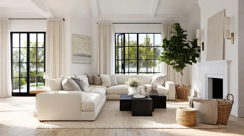 Modern American living room with warm neutral colors creating a comfortable and inviting atmosphere.