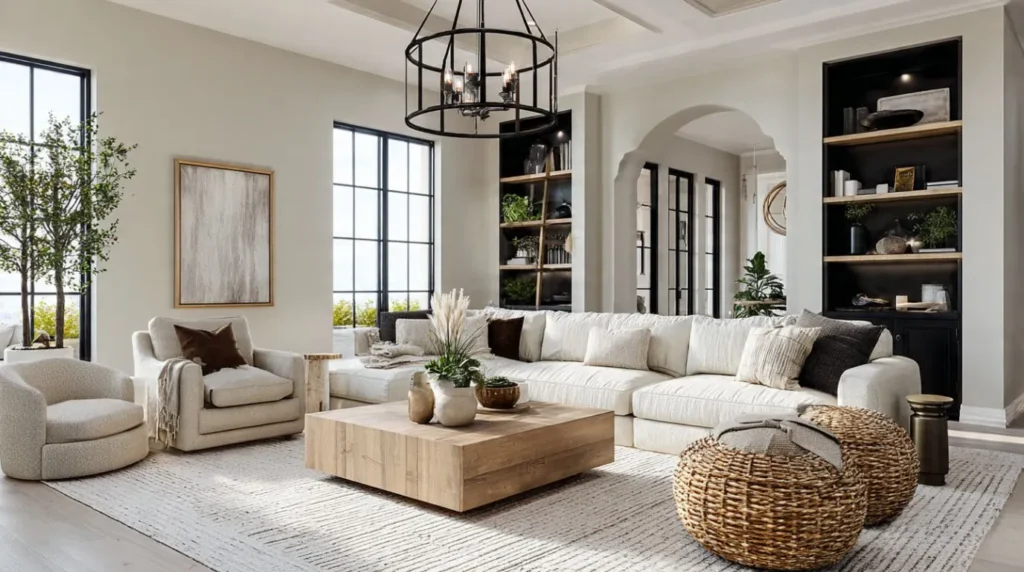 Different living room interior styles featuring modern, Scandinavian, Japandi, farmhouse, coastal, and luxury color palettes.