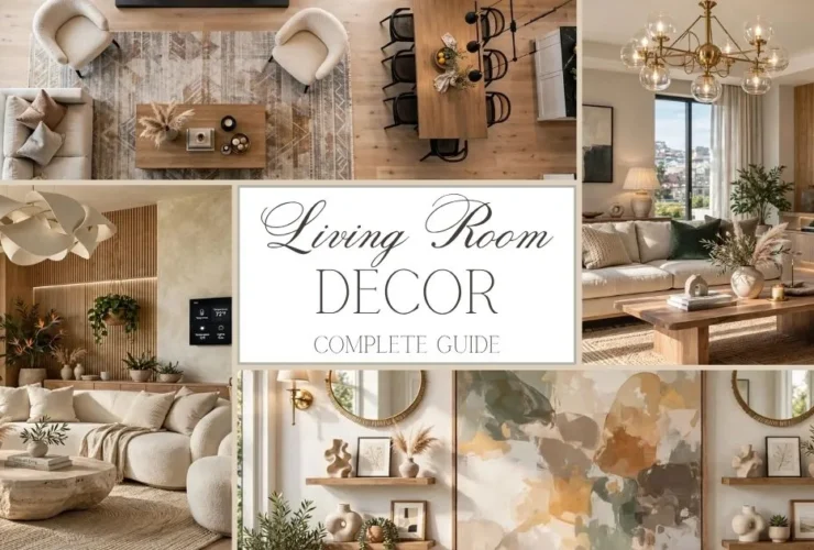 Living room decor ideas featuring modern furniture, neutral color palette, stylish lighting, wall decor, and elegant home accessories.
