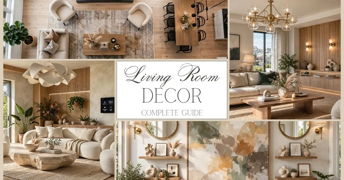 Living room decor ideas featuring modern furniture, neutral color palette, stylish lighting, wall decor, and elegant home accessories.