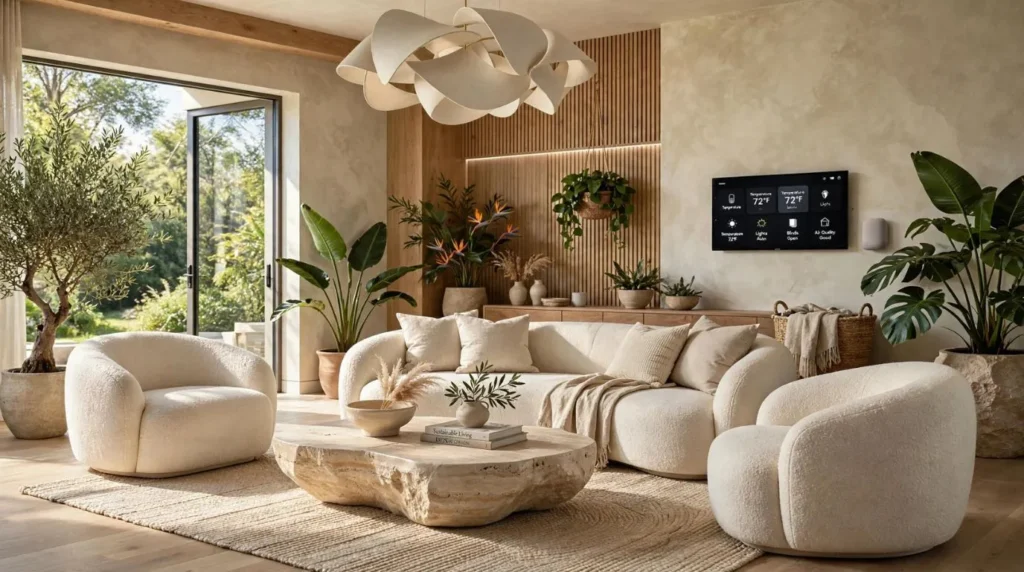 Modern living room decor trends for 2026 featuring curved furniture and sustainable design.
