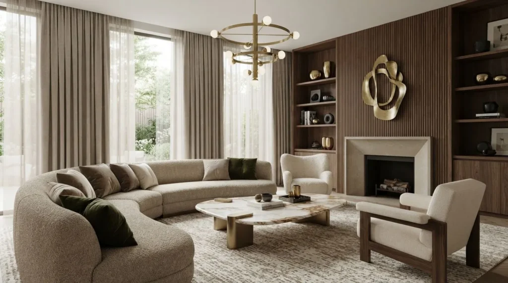 Luxury living room color palette featuring beige, ivory, taupe, walnut wood, and brass accents.