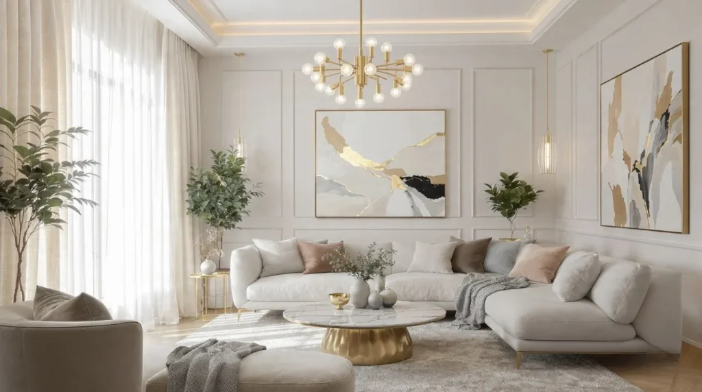 Affordable luxury living room featuring elegant lighting, marble-style furniture, and premium decorative accents.