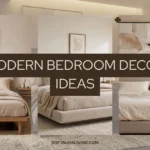Modern bedroom decor ideas with cozy neutral bedding, natural wood furniture, and minimalist artwork