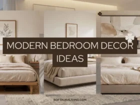 Modern bedroom decor ideas with cozy neutral bedding, natural wood furniture, and minimalist artwork
