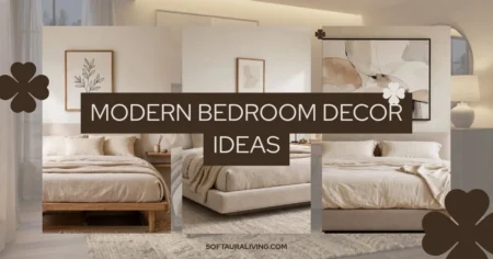 Modern bedroom decor ideas with cozy neutral bedding, natural wood furniture, and minimalist artwork