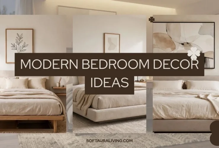 Modern bedroom decor ideas with cozy neutral bedding, natural wood furniture, and minimalist artwork