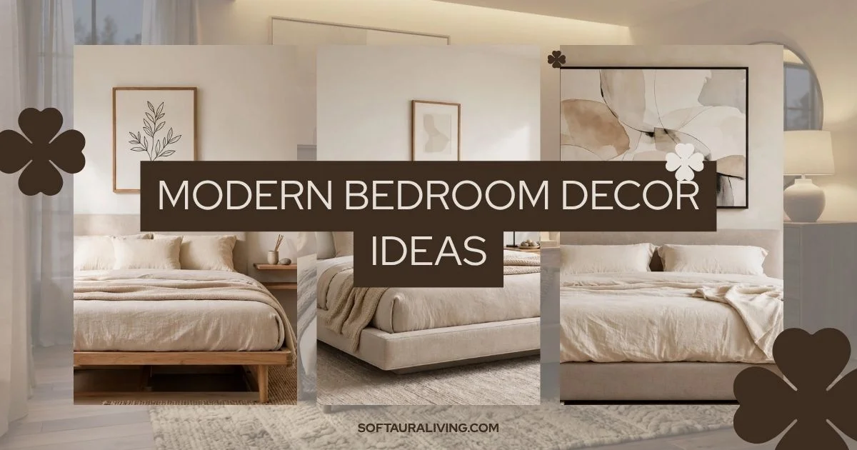 Modern bedroom decor ideas with cozy neutral bedding, natural wood furniture, and minimalist artwork