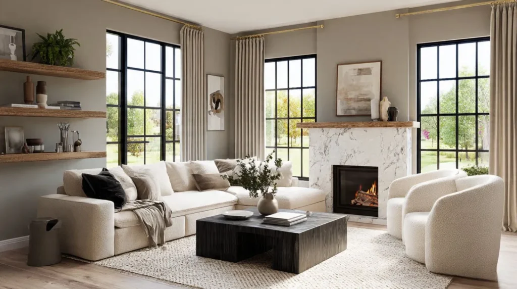 Modern living room showing coordinated furniture and wall color combinations with elegant decor.