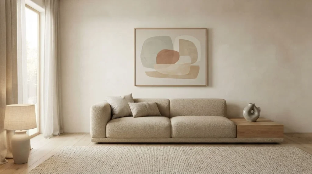 Minimalist living room with one large abstract artwork and generous wall space
