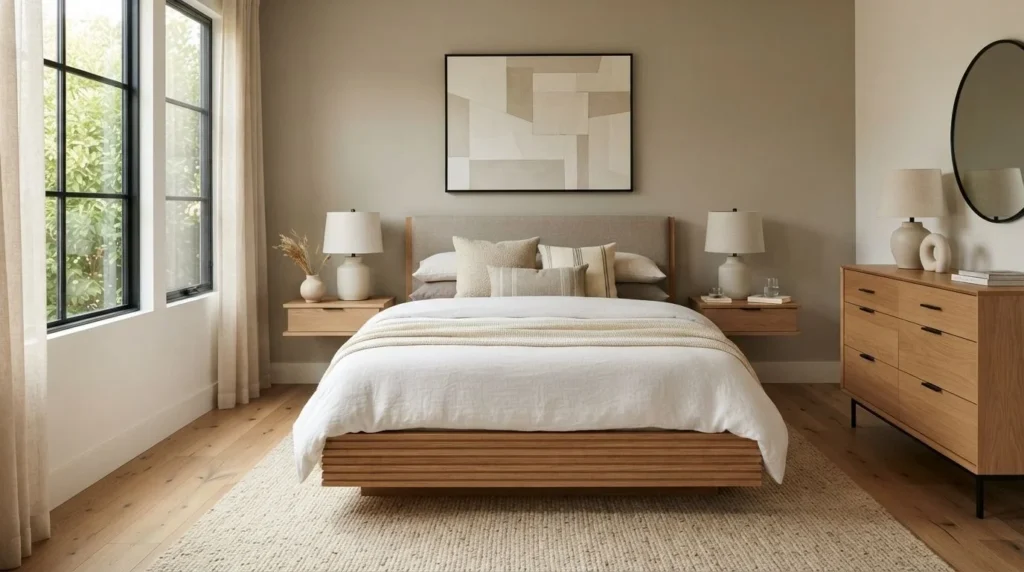 Modern bedroom interior with clean lines, neutral colors, natural wood, and minimalist decor