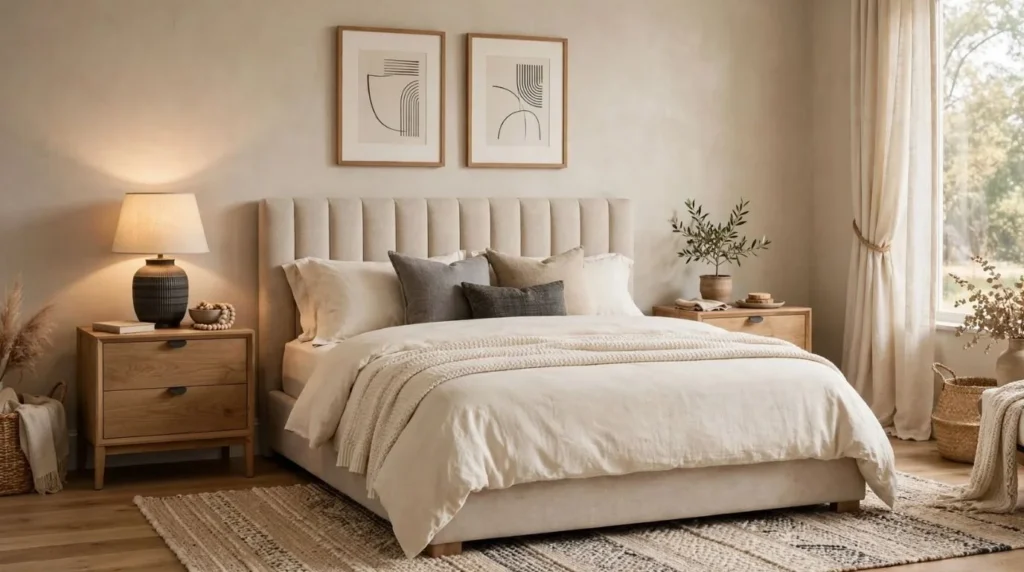 Beige, cream, and natural wood color combination in a modern bedroom
