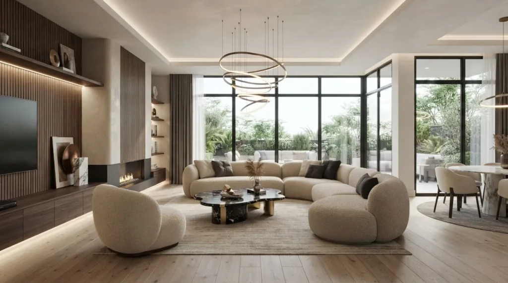 Modern luxury living room with curved furniture, marble coffee table, neutral colors, and layered lighting.