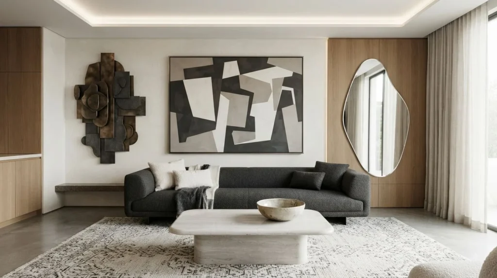 Modern living room with sculptural wall art, oversized mirror, and clean architectural lines