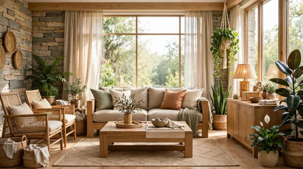 Cozy living room decorated with natural wood, rattan furniture, woven baskets, and indoor plants